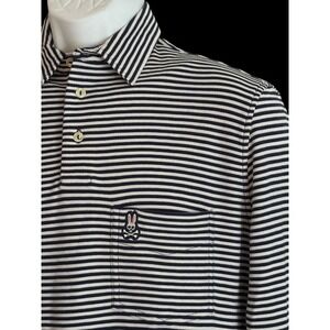 Psycho‎ Bunny Shirt Men 4 Small Navy Blue Stripe Knit Cuff Long Sleeve Polo Pima